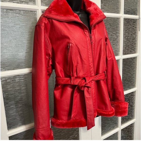 Red Leather Moto-Cross Fur Jacket - Picture 2 of 3